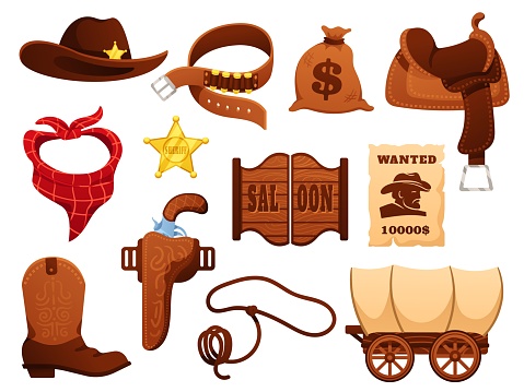 Cartoon wild west sheriff elements. Saloon doors, saddle and wagon. Wanted for reward, hat and leather cowboy boots vector illustration set. Clothing accessories, handgun, ammunition