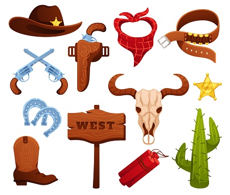 Cartoon wild west elements. Sheriff badge, revolver gun and hat. Western America cactus, dynamite and buffalo skull vector illustration set. Wooden signpost, spiky plant, belt with bullets