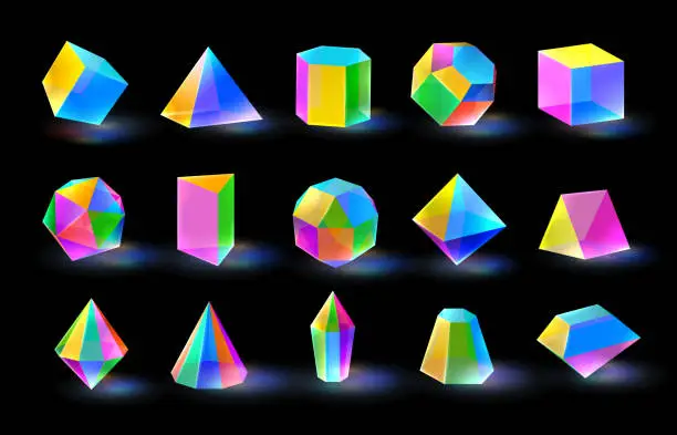 Vector illustration of Multicolor diamond crystal shapes. Prism color glass prism different volumetric figures. Triangular, polygonal, and hexagonal crystals vector set