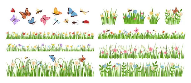Vector illustration of Early spring garden flowers. Forest and garden blooming plants with insects and green grass cartoon vector set