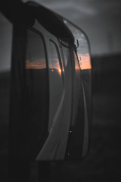 truck reflection in the mirror at sunrise - night reflection window vehicle door imagens e fotografias de stock