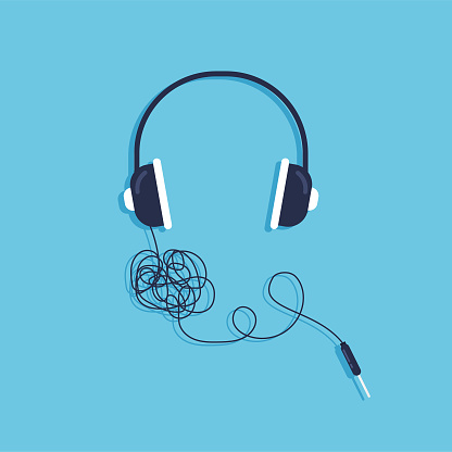 Tangled wires headphone. Vector illustration in trendy flat style isolated on blue background.