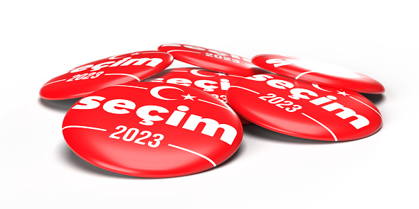 2023 Turkey Presidential and Parliamentary elections concept: Red circle voting SECIM 2023 badge in Turkish flag design on white background. Copy space and clipping path features for use as banner or label. Political 3D render national illustration.