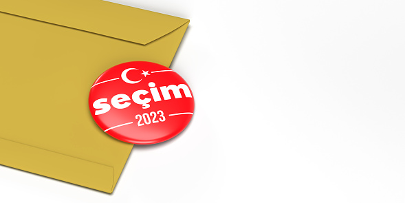 2023 Turkey Presidential and Parliamentary elections concept: Red circle voting SECIM 2023 badge in Turkish flag design over yellow vote envelop on white background. Copy space and clipping path features for easy edit and use as banner, label or badge. Political 3D render national illustration design.