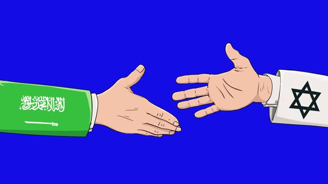 Cooperation between Saudi Arabia and Jewish in front of a blue background, Chroma key, The concept of handshake, business agreement, politics, meeting, international friendship relations, diplomats shaking hands, peace trade policy