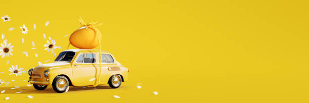 istock Cute yellow car with Easter egg on the roof. Easter is coming concept background with copy space. 1471717552
