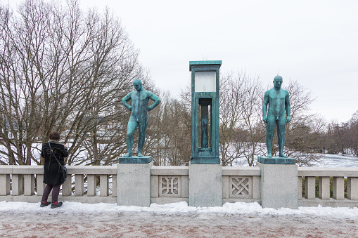Norway, Oslo - 17 February 2019: Sculpture in Frogner Park, sculpture created by Gustav Vigeland. Public park in capital city of Norway.