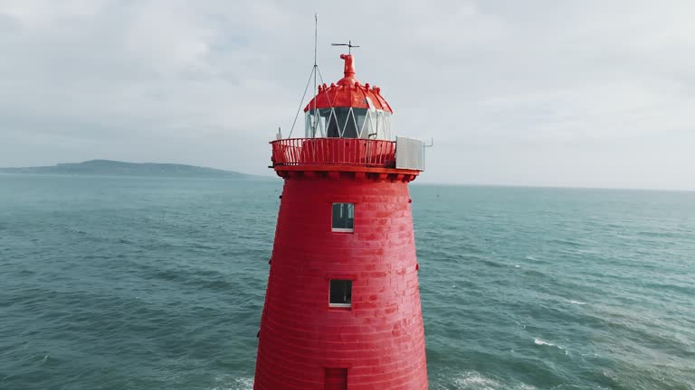 Aerial view of Poolbeg Lighthouse, The red Poolbeg Lighthouse in Dublin porti, Aerial View of Lighthouse