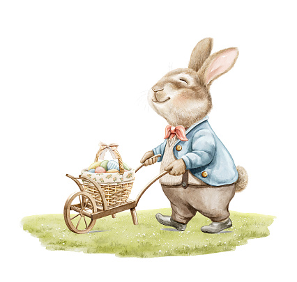 Watercolor vintage boy bunny rabbit in suit carrying cart with basket of Easter eggs on green meadow isolated on white background. Watercolor hand drawn illustration sketch