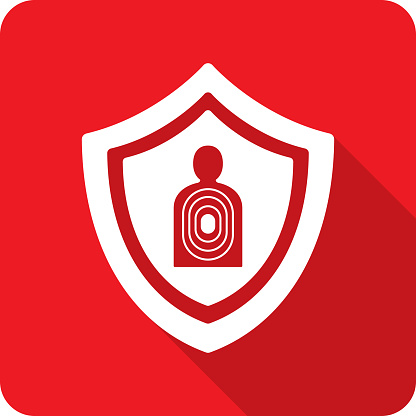 Vector illustration of a shield with shooting range icon against a red background in flat style.