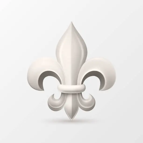 Vector illustration of Vector 3d Realistic White Fleur De Lis Icon Closeup Isolated on White Background. Heraldic Lily Collection, Front View. Vector Illustration