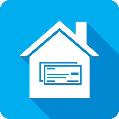 Vector illustration of a house with checks icon against a blue background in flat style.