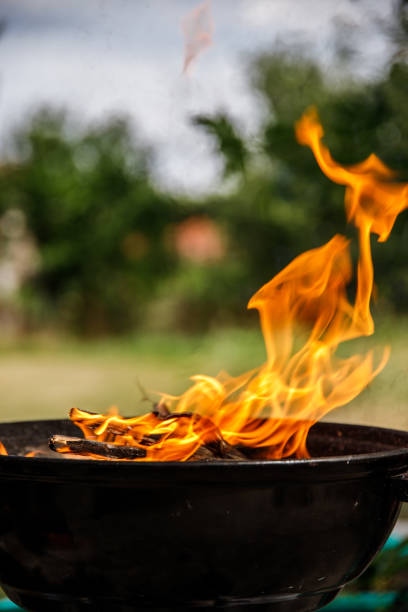 istock Fire flame texture on barbecue and behind green blurred background 1471724601