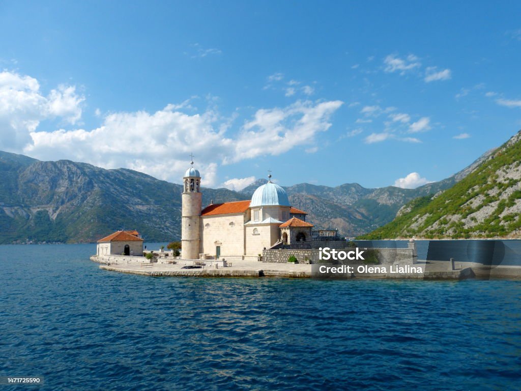 island of Gospa od Skrpela, Boka Kotor Bay, Perast, Montenegro. Crkva Gospa od Skrpjela. Adriatic Sea Stock Photo