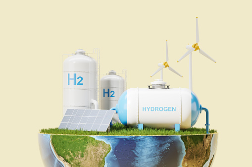 Hydrogen gas station and solar power with wind turbines, earth on light background. Concept of green planet and renewable power. 3D rendering