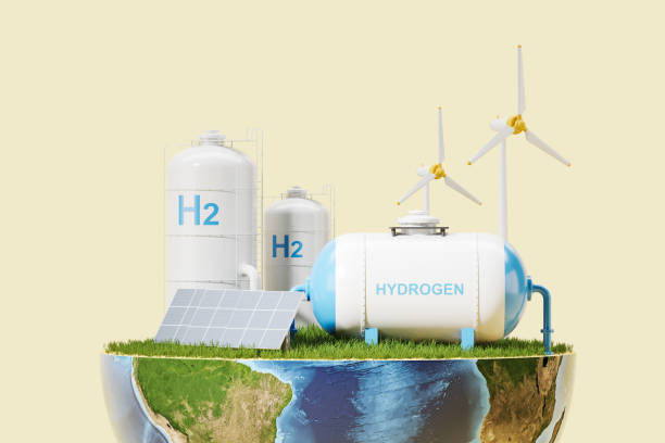 Hydrogen gas station and windmills on earth, zero emission stock photo