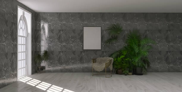 istock Room interior armchair, plant, 3d render, 3d illustration 1471726225
