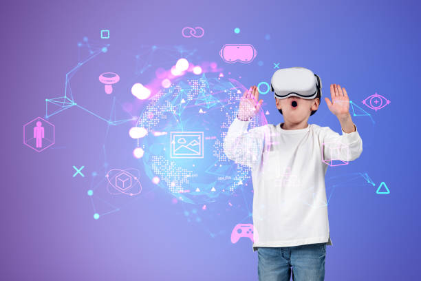 istock Boy wearing casual wear and vr googles touching metaverse realit 1471726366