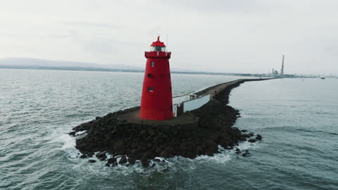 Aerial view of Poolbeg Lighthouse, The red Poolbeg Lighthouse in Dublin porti, Aerial View of Lighthouse