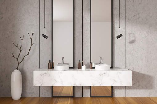 Front view on bright bathroom interior with double sink, two large mirrors with reflection, vase, white walls, liquid soap, oak wooden floor. Concept of water treatment. 3d rendering