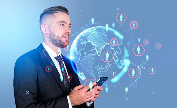 istock Businessman using phone, earth sphere and social network 1471726632