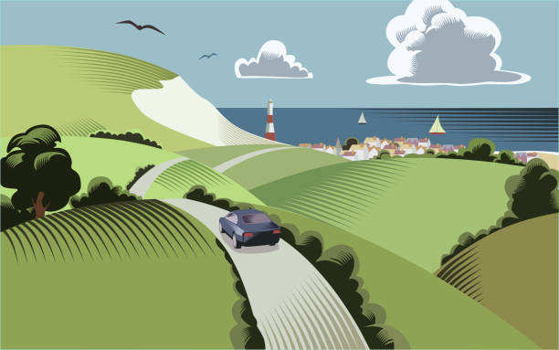English landscape with coast in the distance - traditional crosshatch style