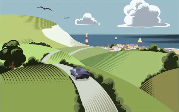 Vector illustration of Countryside scene with Car