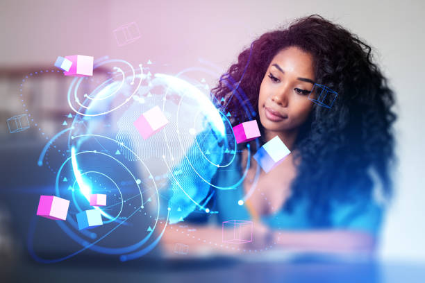 istock African woman student, earth globe and metaverse hologram 1471726714