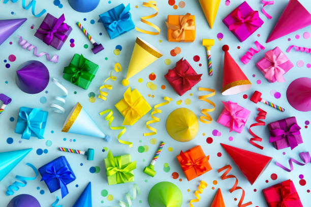 istock Background collection of colorful birthday party objects 1471727433