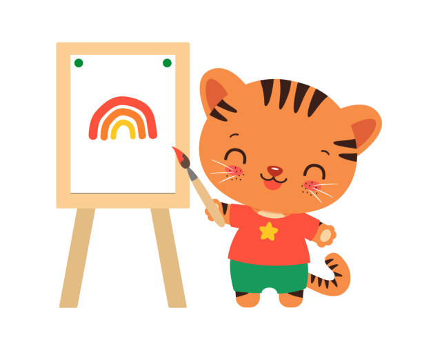 süßes tigerjunges künstler, das mit pinsel und staffelei zeichnet. - babytiger stock-grafiken, -clipart, -cartoons und -symbole