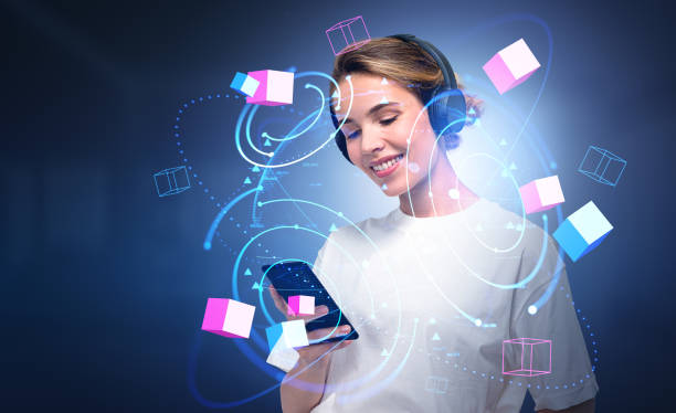 istock Young woman in headphones, using phone, earth sphere and digital connection 1471728239