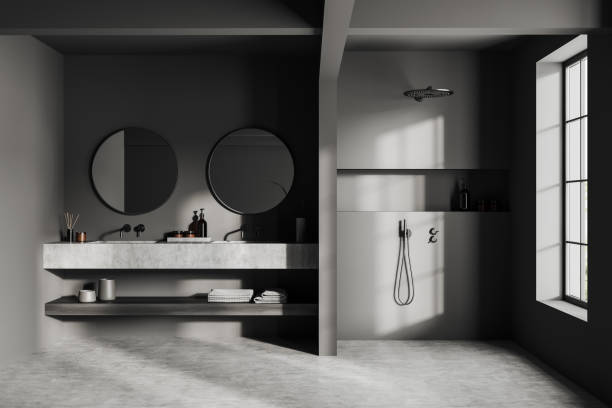 istock Front view on dark bathroom interior with shower, double sink 1471728301