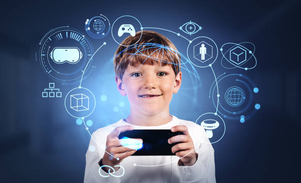 istock Kid with smartphone in hands, virtual reality hologram with diverse icons 1471728505