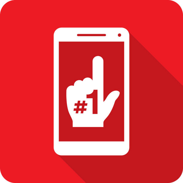 Number One Hand Smartphone Icon Silhouette Vector illustration of a smartphone with number one hand icon against a red background in flat style. pep rally stock illustrations