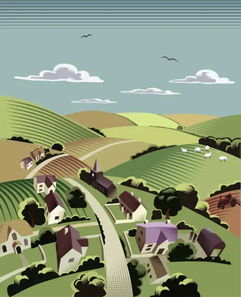 Vector illustration of Landscape with Country Village