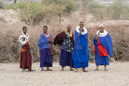Karatu, Tanzania - October 16th, 2022: A group of masai women in traditional outfits, waiting to start a show for tourists near their village.