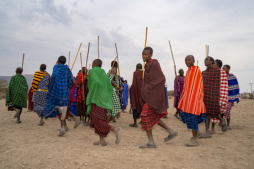 Karatu, Tanzania - October 16th, 2022: A group of masai men in traditional outfits, dancing during a show for tourists near their village.