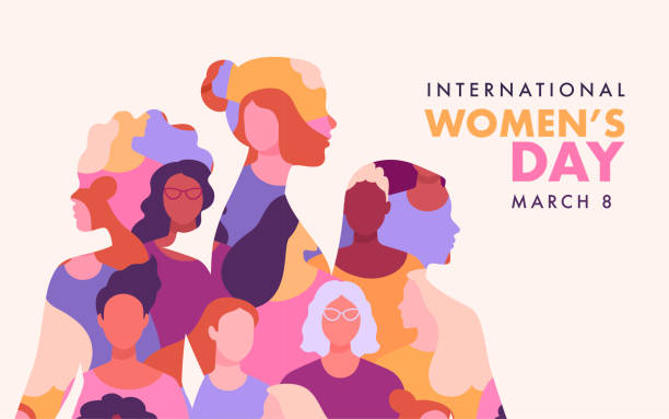 International Women's Day banner concept. Vector flat modern illustration of three female silhouettes of different nationalities, consisting of a pattern of abstract diverse female portraits girl power stock illustrations