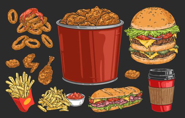ilustrações, clipart, desenhos animados e ícones de etiquetas de fast food coloridas - double ring