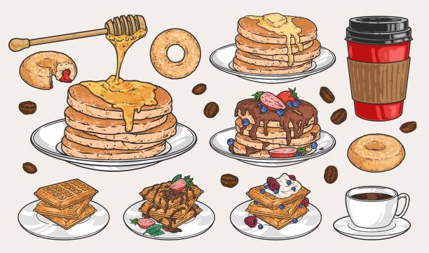 illustrazioni stock, clip art, cartoni animati e icone di tendenza di emblemi per colazioni dolci colorati - coffee donut old fashioned snack