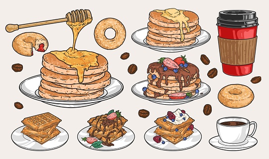 Sweet breakfasts emblems set colorful with pancakes and Belgian waffles on plates for decorating restaurant morning menu vector illustration