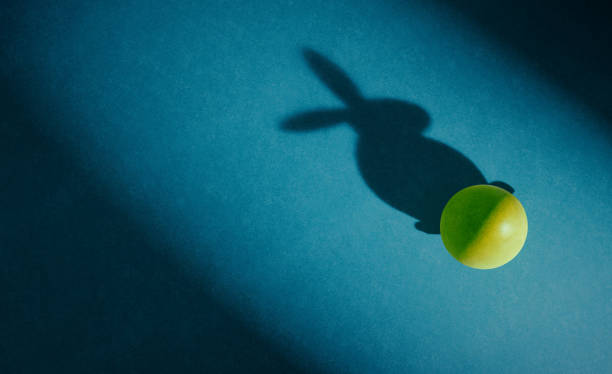 istock Single Easter Egg with shadow as rabbit on moody cyan cardboard. Concept for design templates or greeting card. 1471733194