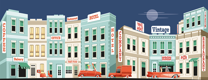 Easy editable buildings 
and street vector illustration.
All elements was layered seperately...