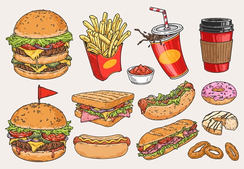 Fast food colorful set stickers with sandwiches and fried potatoes or soda drink from restaurant or roadside cafe vector illustration