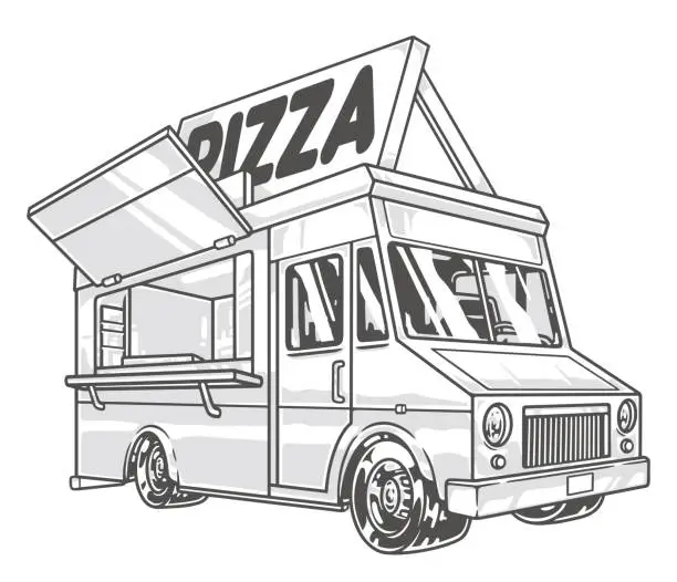 Vector illustration of Pizza restaurant van label monochrome