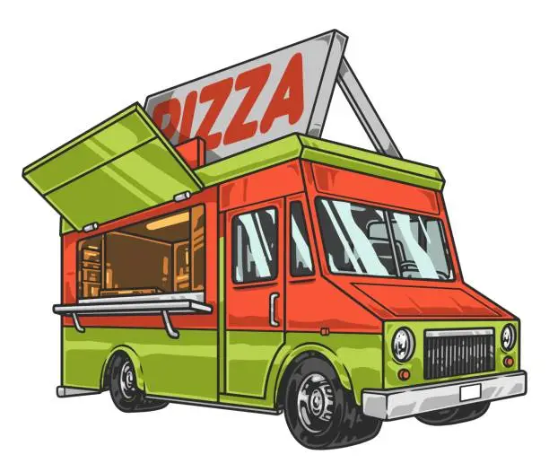 Vector illustration of Pizza restaurant truck sticker colorful