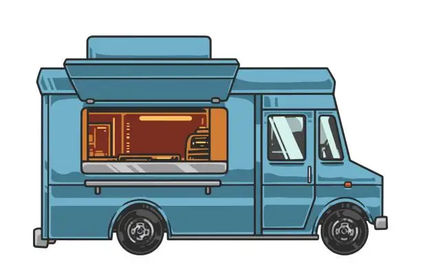 Vector illustration of Food trucks sticker vintage colorful
