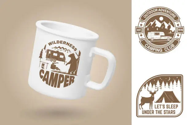 Vector illustration of White camping cup. Realistic mug mockup template with sample design. Vector 3d illustration. Wilderness camper. Quotes about camping with tent, mountains, campfire, camper rv and forest silhouette