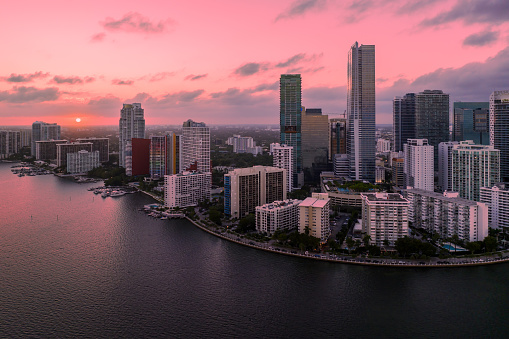 Aerial view of Miami cityscape at dusk