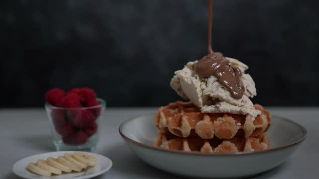 Waffle with Ice Cream and Melted Chooclate